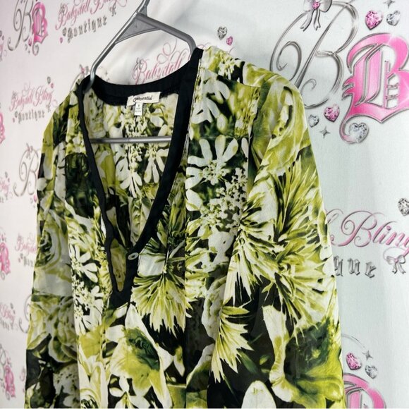 Quintessential blouse flowers Floral Green white black Top artsy button flowy - Picture 4 of 11